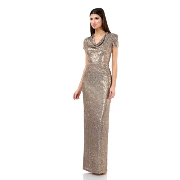 NEW JS Collections Cowl Neck Sequined Column Skirt Gown Formal Dress Gold SZ 2 - Picture 1 of 10